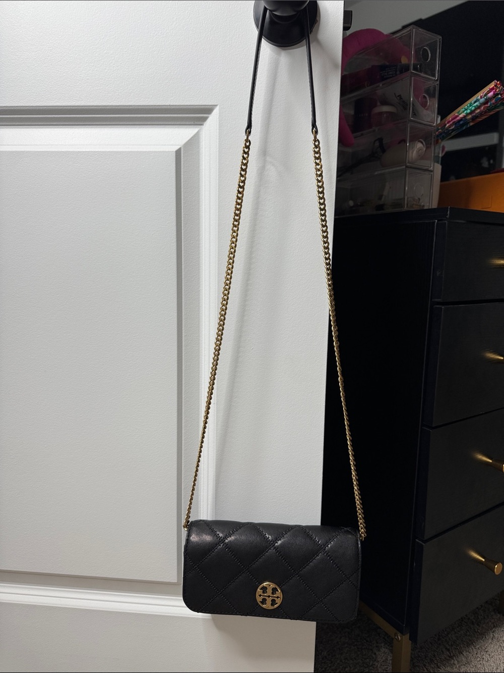 Tory Burch Black Quilted Leather Crossbody with Gold Chain